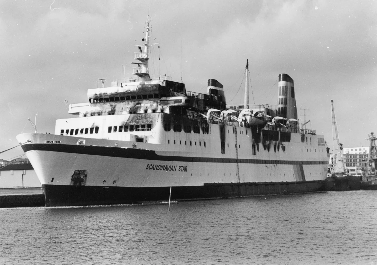 Scandinavian Star: Actual vessel in Lysekil after the April 1990 fire.